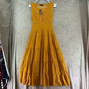 J Gee Dress Womens Small Mustard Yellow Midi Fit & Flare Tiered Cottage Ren Fair